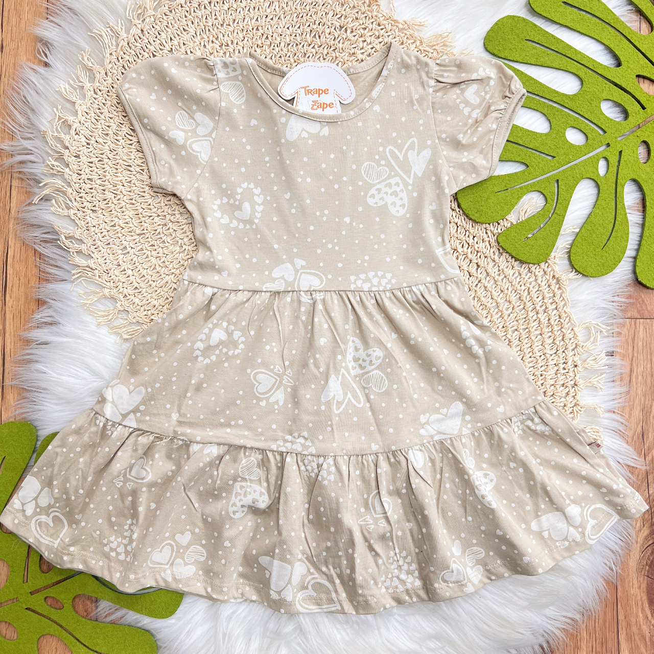 Vestido Manga Curta Corações - Areia